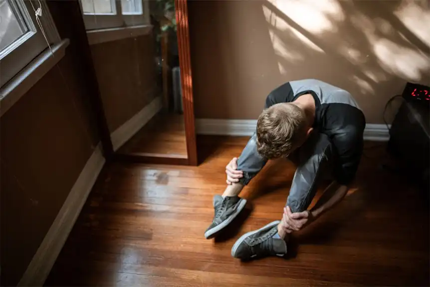 Man sitting on the floor looking between his legs.