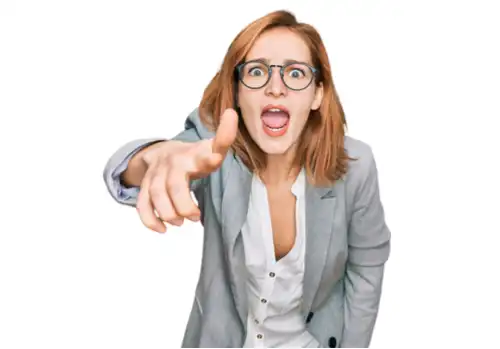 Woman pointing her finger at the camera. 