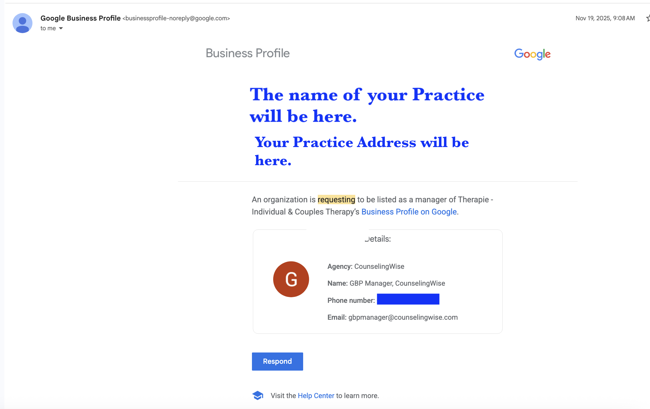 Example GBP Access Request Email